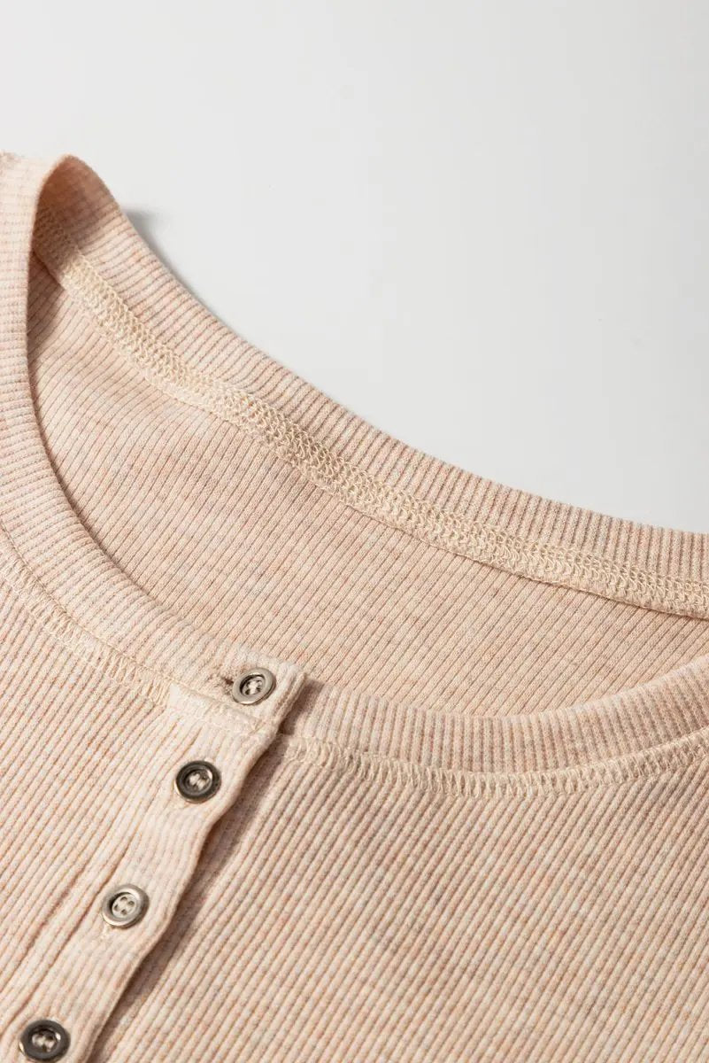 Oatmeal Short Sleeve Half Button Ribbed Knit Top for Women - Love Salve